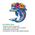 Floral dolphin cut metal sign featuring vibrant blue mosaic patterns, flowers, leaves, and a curved tail