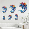 Floral dolphin metal sign size guide showing six available sizes from 8x8 to 24x24 inches
