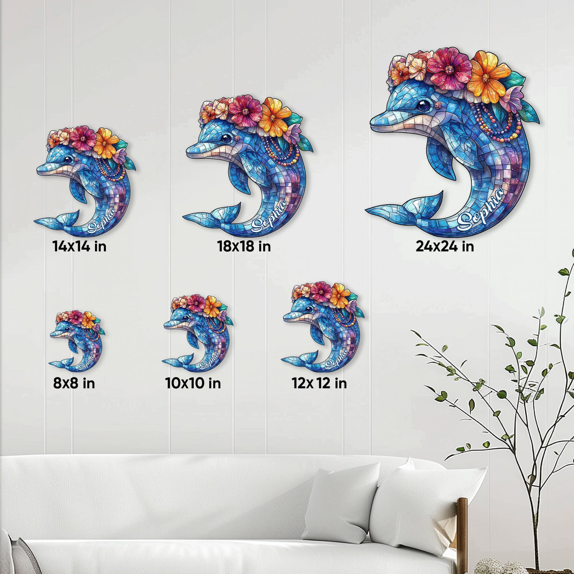 Floral dolphin metal sign size guide showing six available sizes from 8x8 to 24x24 inches