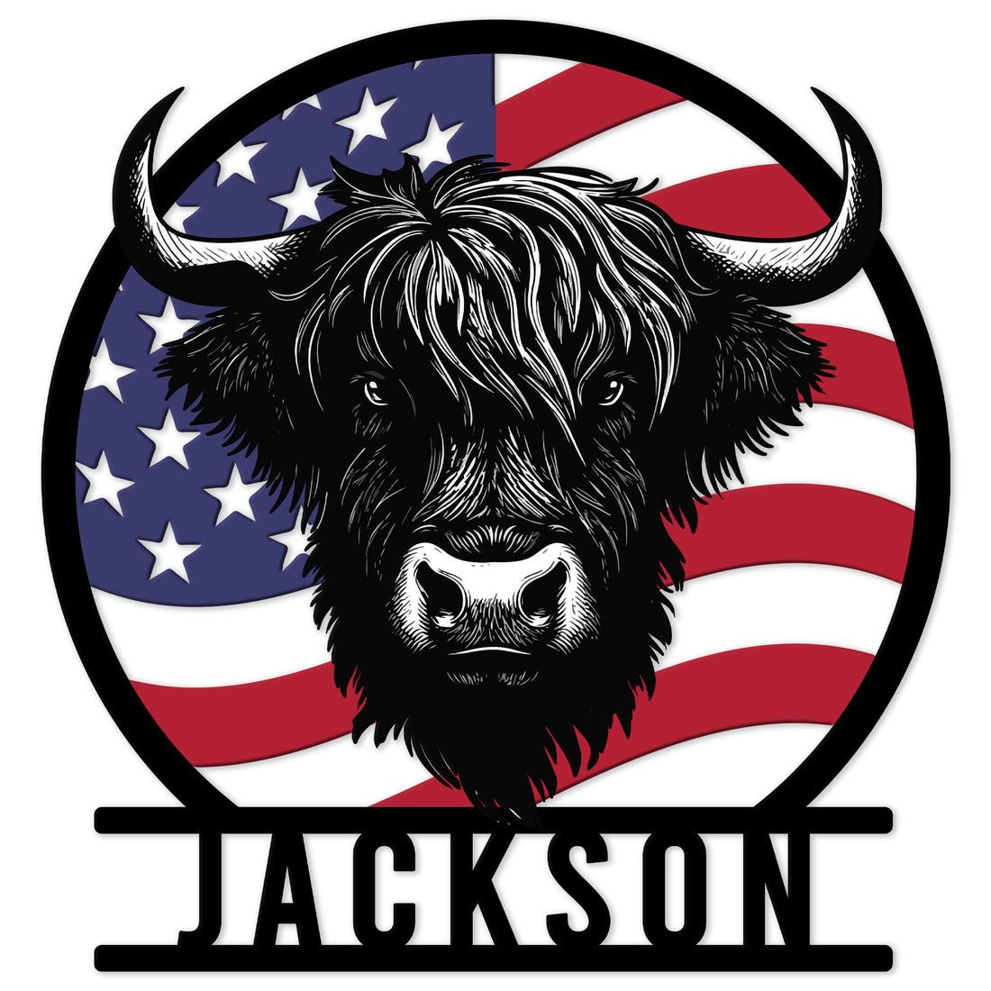 Highland cow metal sign with bold horns and a patriotic American flag background