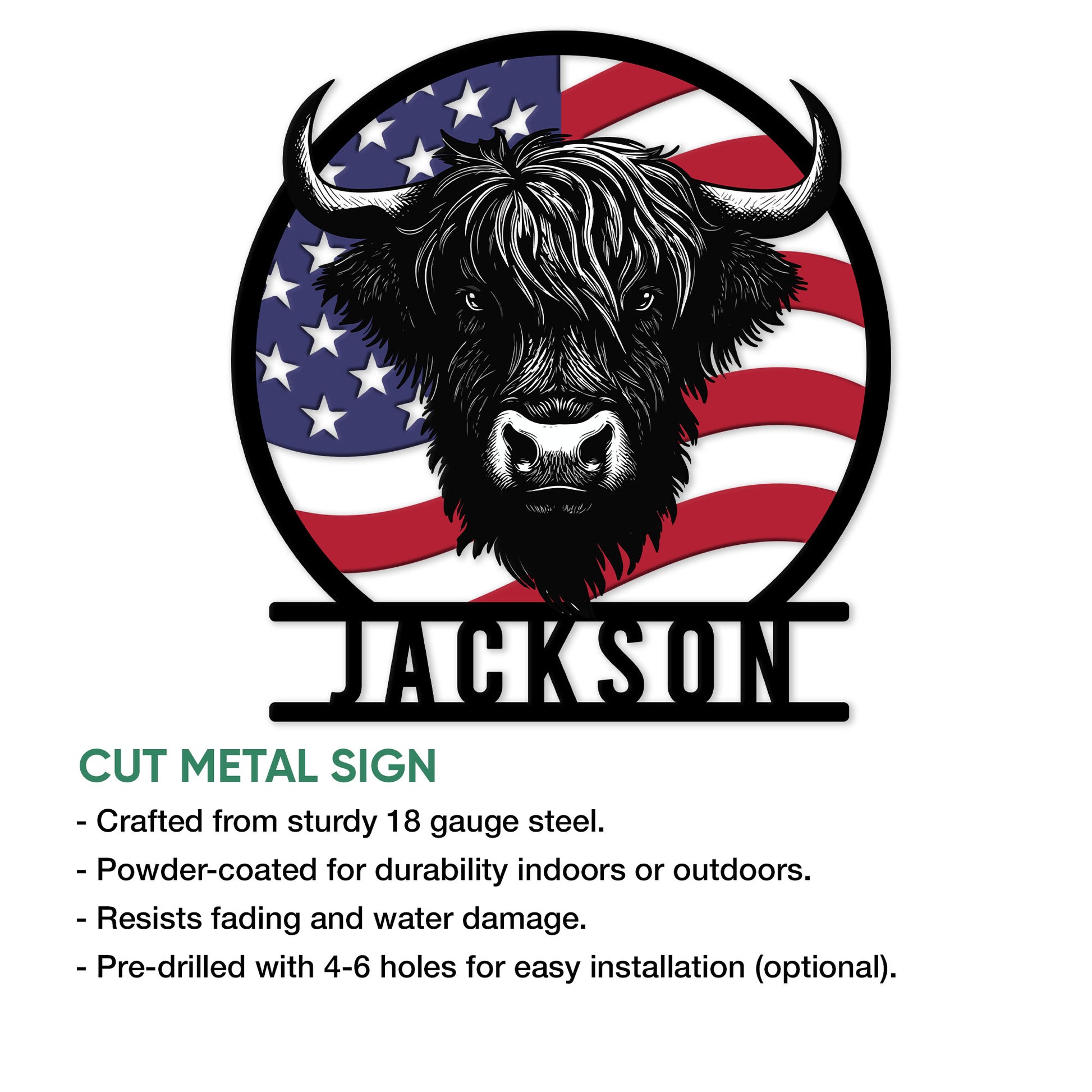 Highland cow cut metal sign featuring a black-and-white portrait over an American flag design