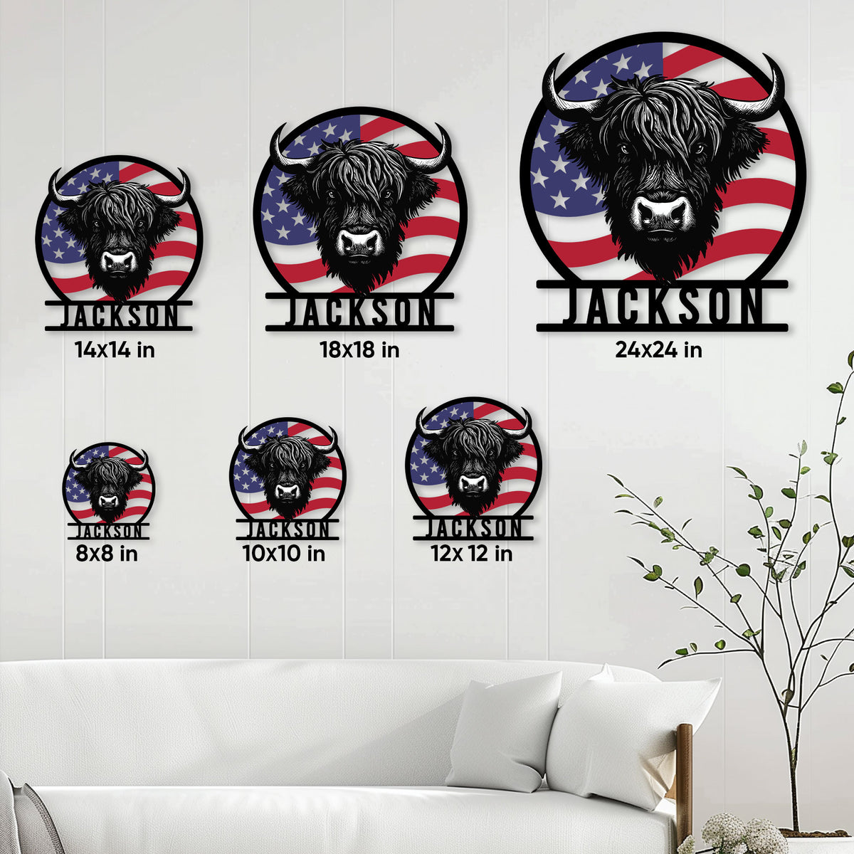 Highland cow metal sign size guide showing options from 8 by 8 to 24 by 24 inches