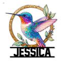 Colorful hummingbird metal sign with outstretched wings, floral branches, and an ornate circular frame