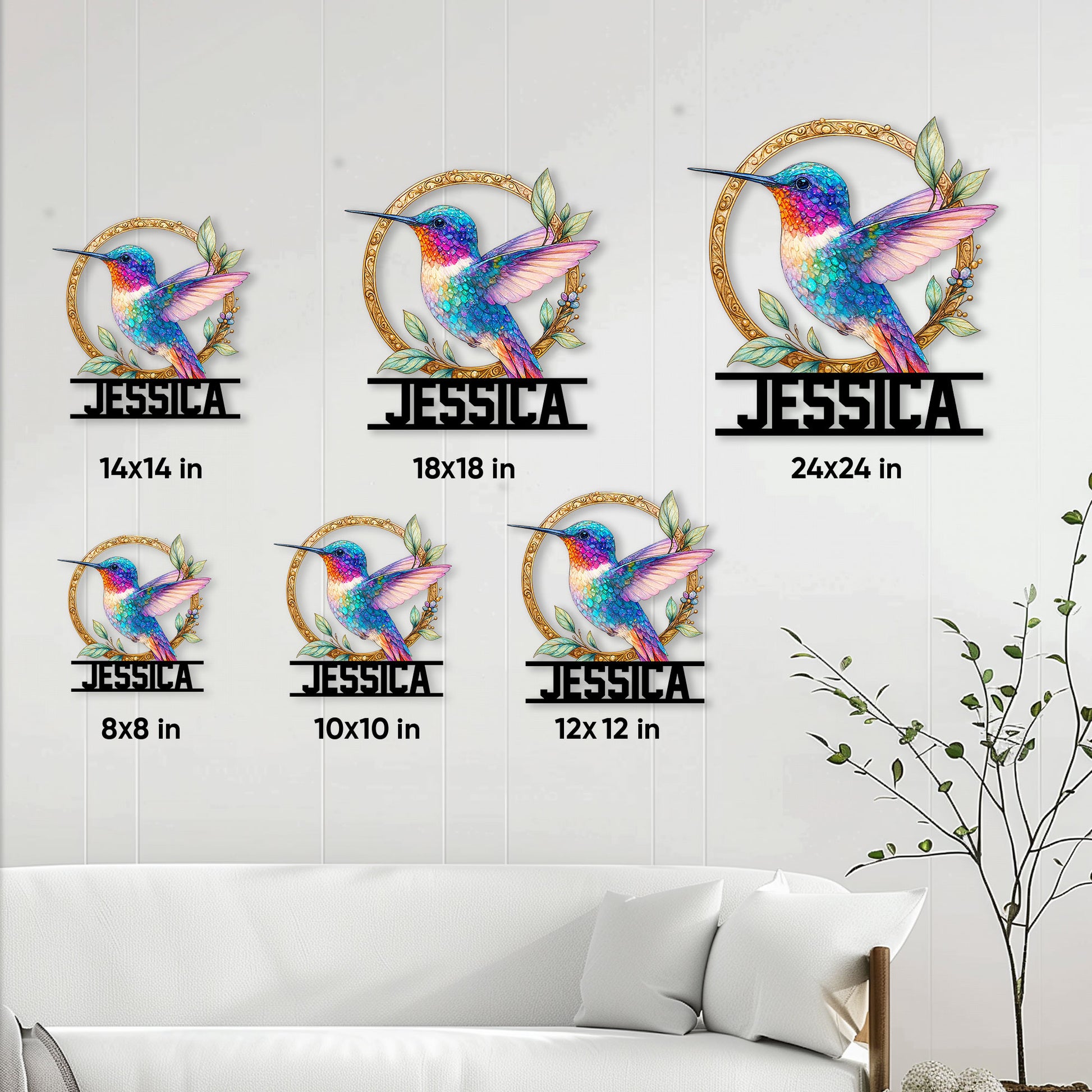 Hummingbird metal sign size guide showing available square sizes from 8 by 8 to 24 by 24 inches