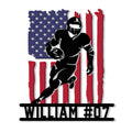 Custom American football metal sign featuring a running player silhouette over a distressed American flag design