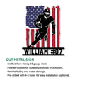 American football metal sign feature guide showing the patriotic player artwork and product presentation details