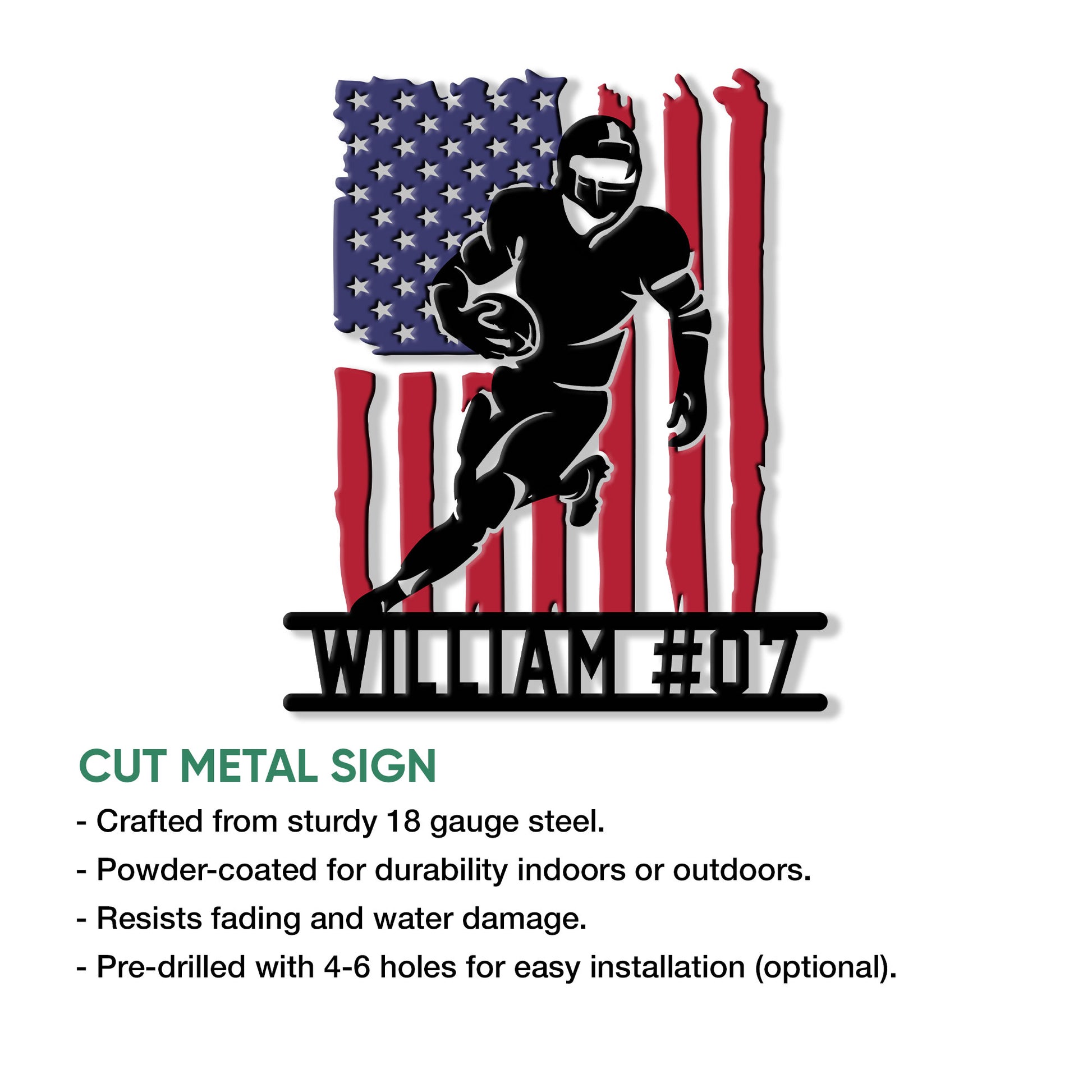 American football metal sign feature guide showing the patriotic player artwork and product presentation details