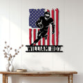 Patriotic American football player metal sign displayed as wall decor above a console table
