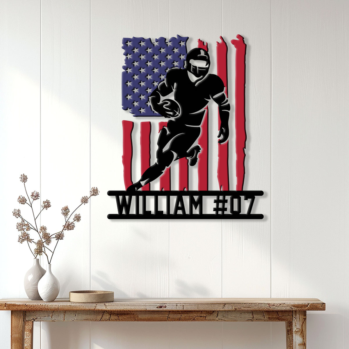 Patriotic American football player metal sign displayed as wall decor above a console table