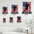 American football metal sign size guide showing multiple square size options in a living room setting