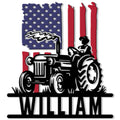 Custom tractor metal sign featuring a classic farm tractor in front of an American flag