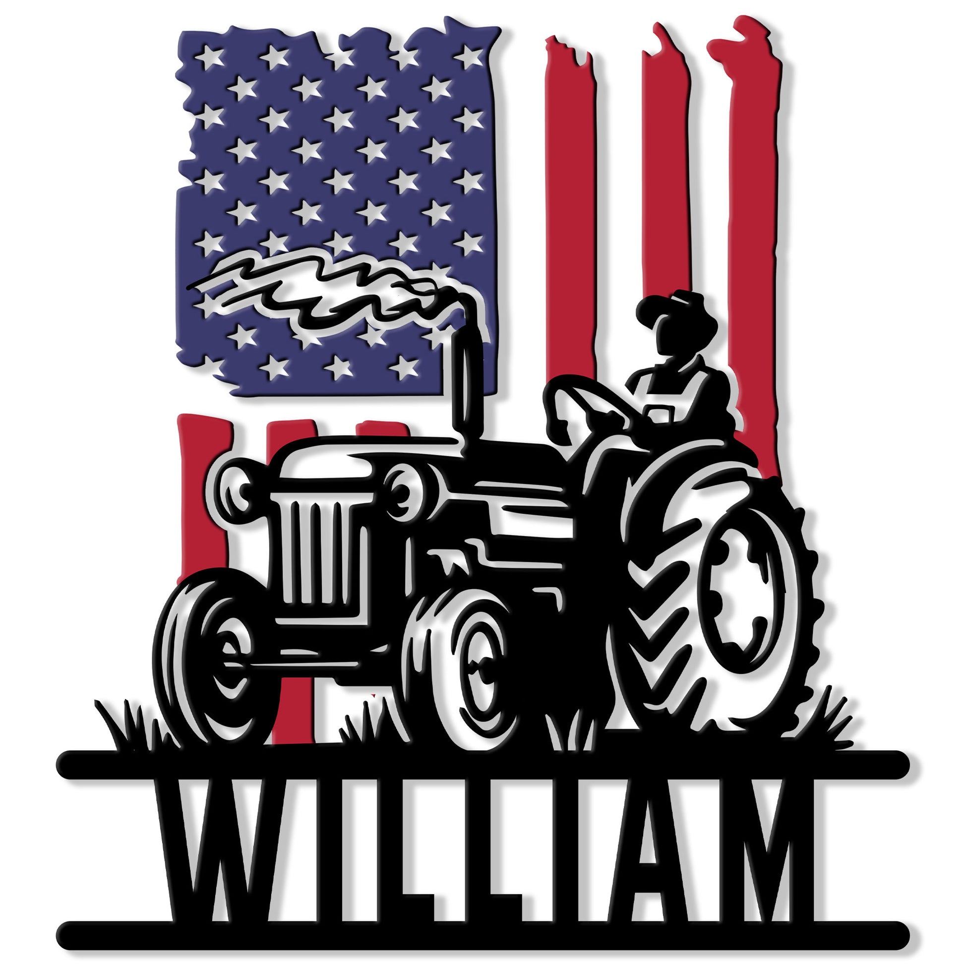 Custom tractor metal sign featuring a classic farm tractor in front of an American flag