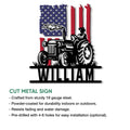 Tractor metal sign product graphic showing the patriotic farm design and cut metal sign features