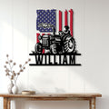 Patriotic tractor wall sign displayed on a light wood wall above a rustic console table
