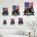 Tractor metal sign size guide showing multiple available square sizes in a living room setting