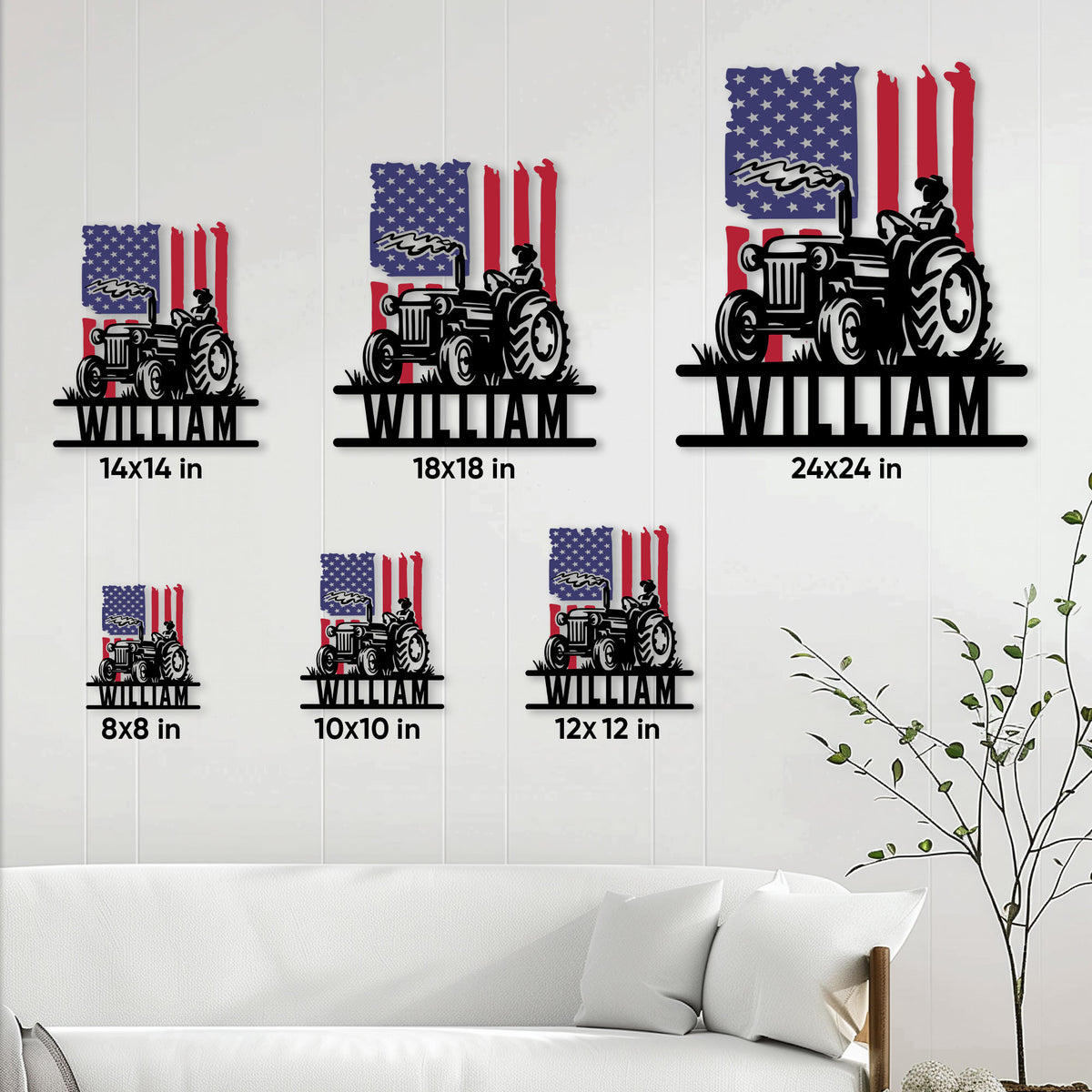 Tractor metal sign size guide showing multiple available square sizes in a living room setting