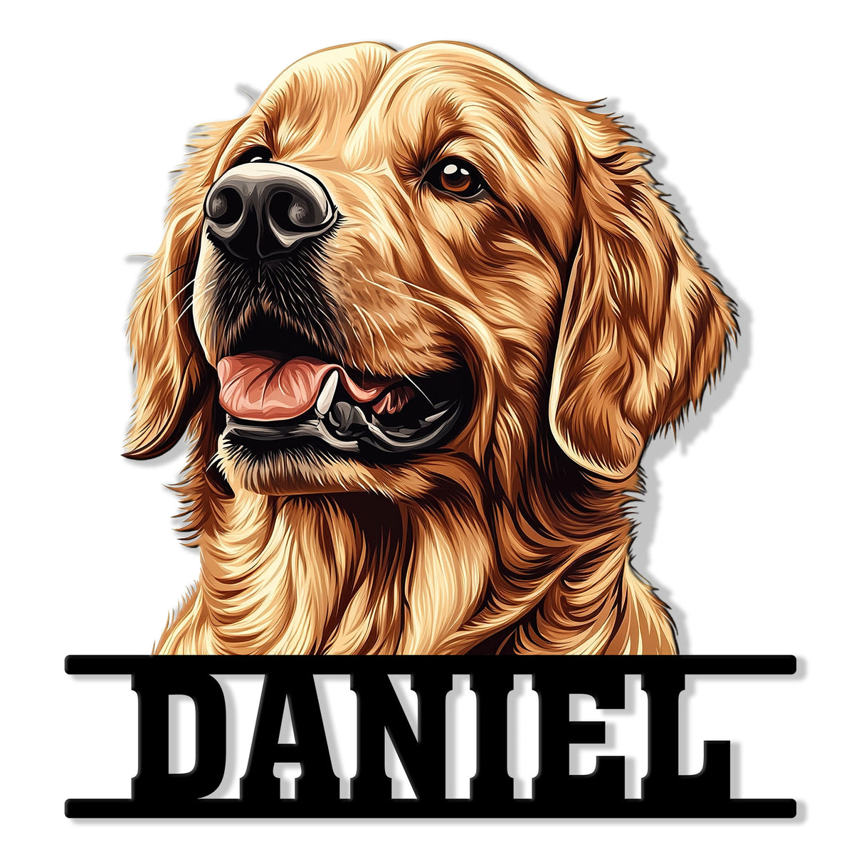 Custom Golden Retriever portrait metal sign with a cheerful dog face and bold black base