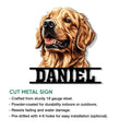 Golden Retriever cut metal sign product detail featuring a richly illustrated dog portrait