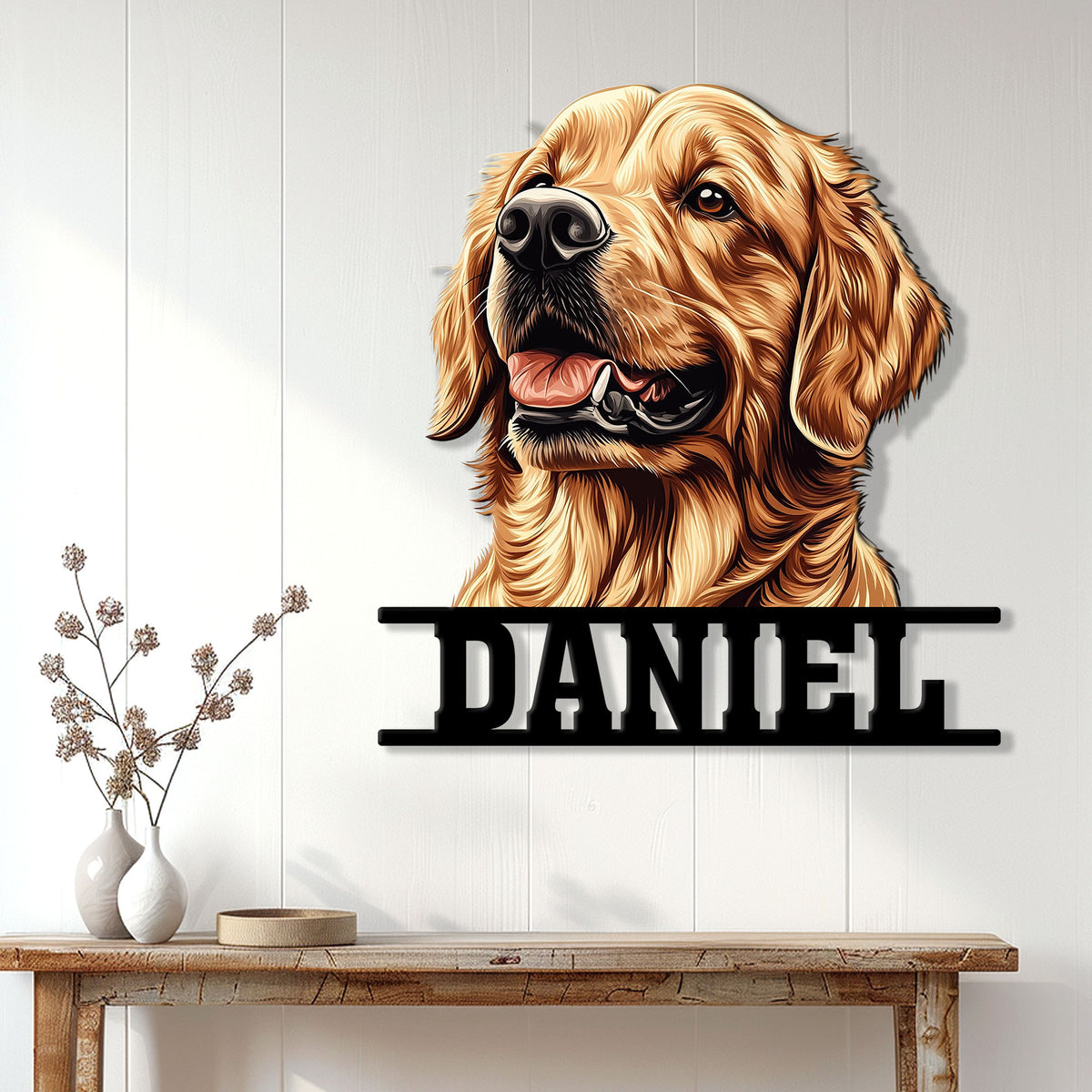 Golden Retriever metal sign displayed as warm dog lover wall decor in a bright home entryway