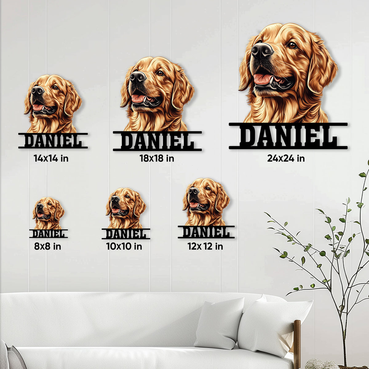 Golden Retriever metal sign size guide showing multiple available square size options