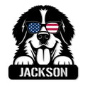 Custom Bernese Mountain Dog metal sign featuring a patriotic dog portrait with American flag sunglasses