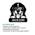 Bernese Mountain Dog cut metal sign shown in a product feature graphic with indoor and outdoor use details