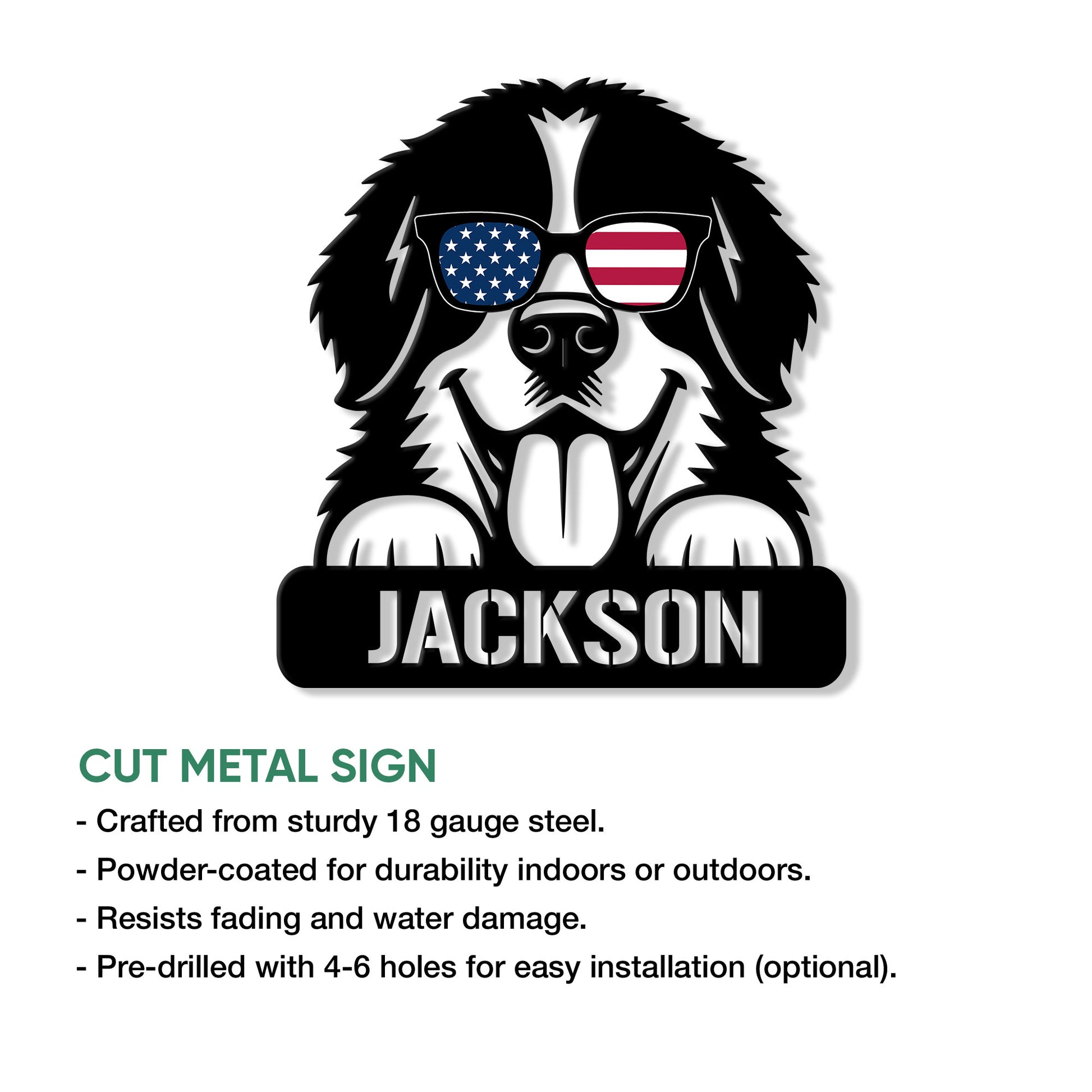 Bernese Mountain Dog cut metal sign shown in a product feature graphic with indoor and outdoor use details