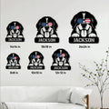 Bernese Mountain Dog metal sign size guide showing six available square dimensions in a room setting