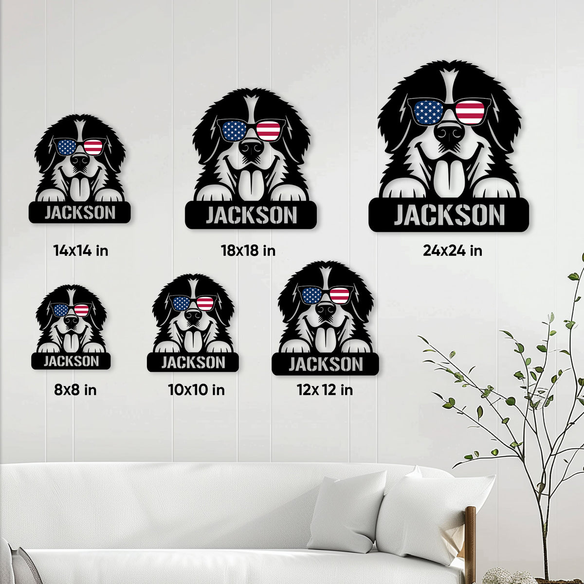 Bernese Mountain Dog metal sign size guide showing six available square dimensions in a room setting