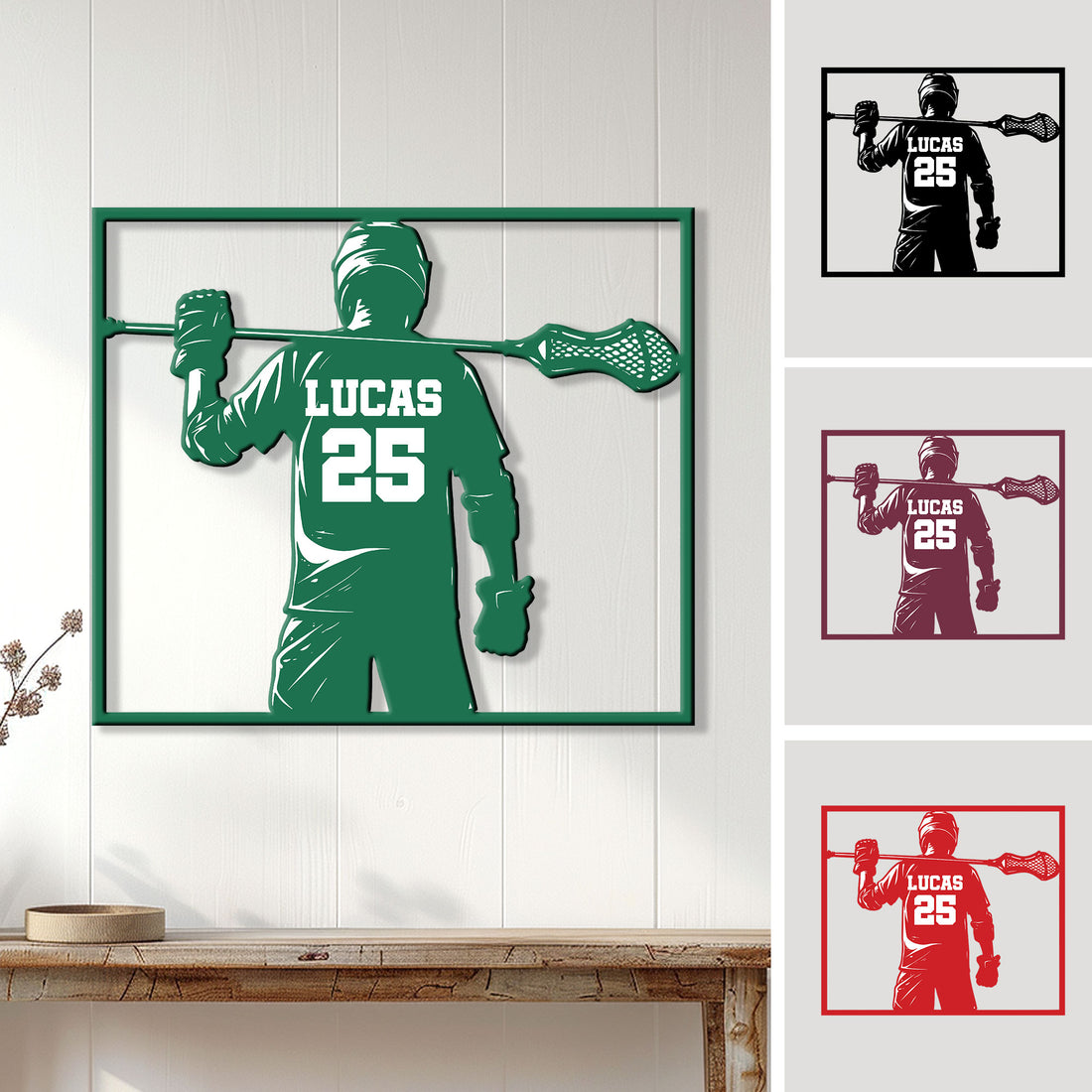 Custom lacrosse player metal sign displayed as wall decor with multiple color options shown beside it