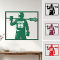 Custom lacrosse player metal sign displayed as wall decor with multiple color options shown beside it