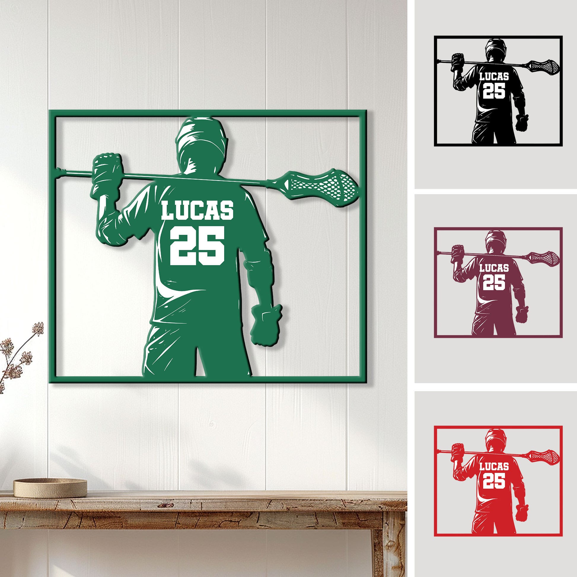 Custom lacrosse player metal sign displayed as wall decor with multiple color options shown beside it