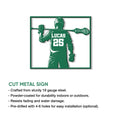 Lacrosse player cut metal sign feature infographic showing the silhouette design and product highlights