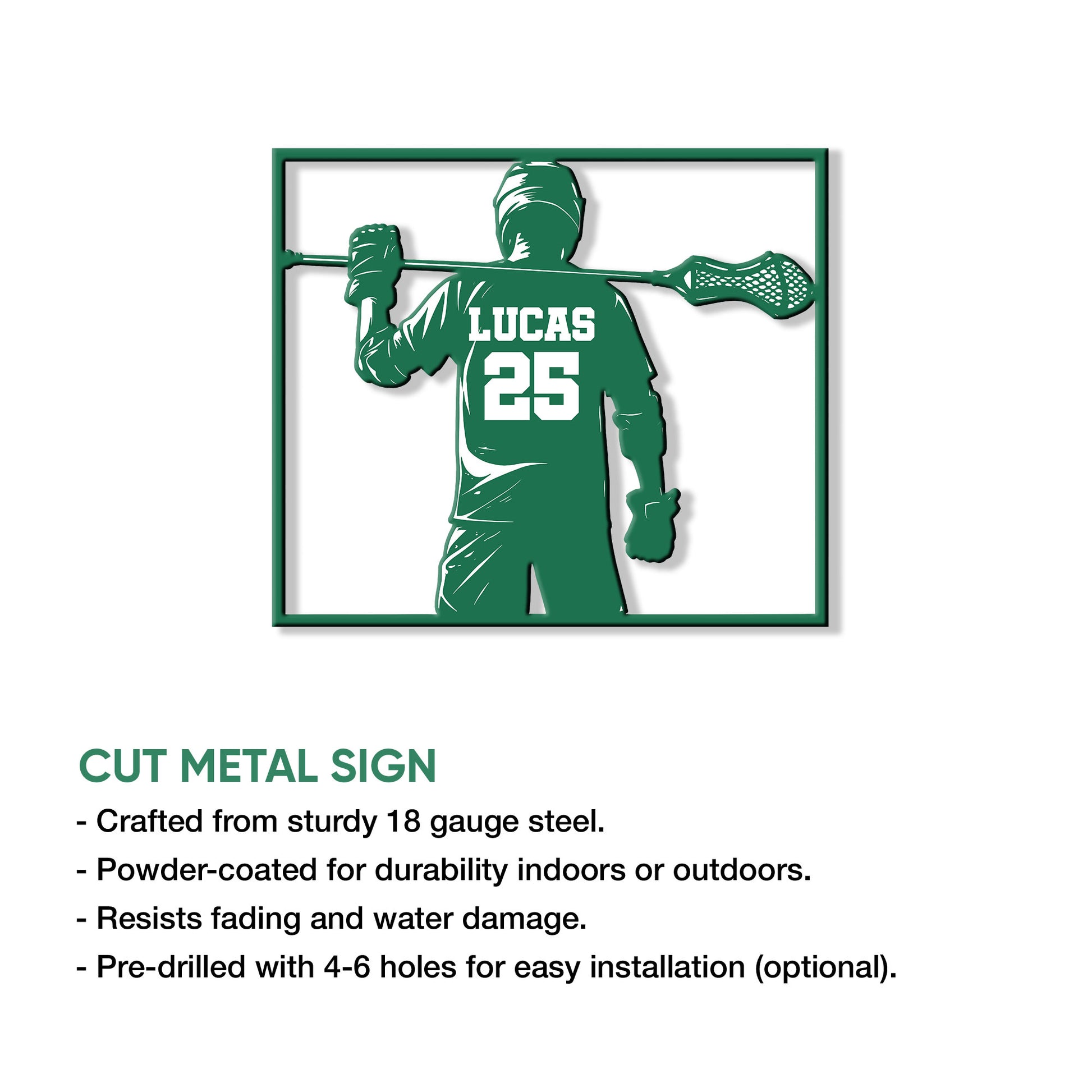 Lacrosse player cut metal sign feature infographic showing the silhouette design and product highlights
