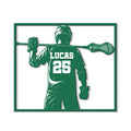 Close-up of a lacrosse player silhouette holding a stick on a green metal wall sign