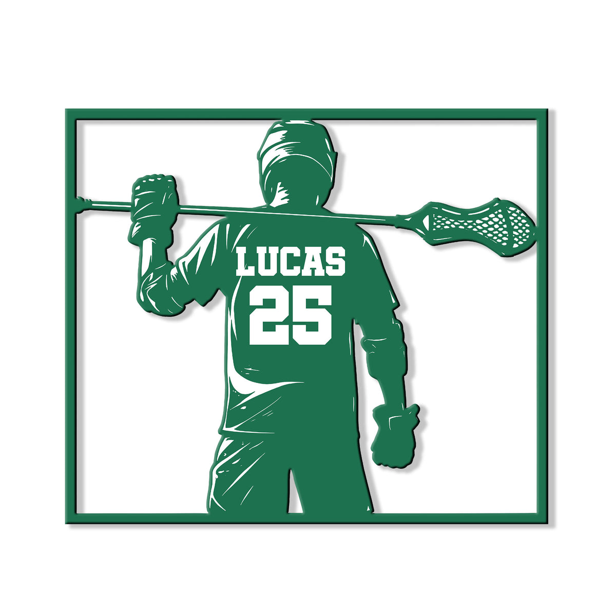 Close-up of a lacrosse player silhouette holding a stick on a green metal wall sign