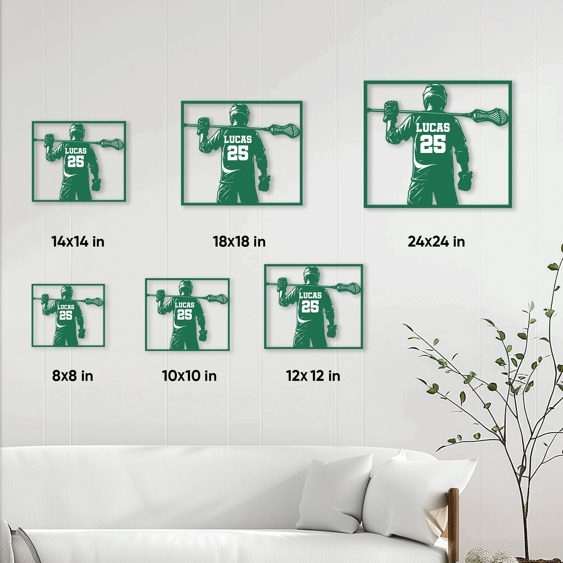 Lacrosse player metal sign size guide showing available square sizes from 8 by 8 to 24 by 24 inches