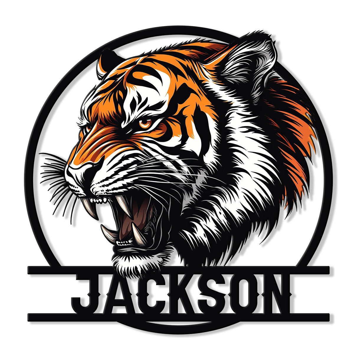 Bold orange and black tiger head metal sign with a fierce expression and circular frame