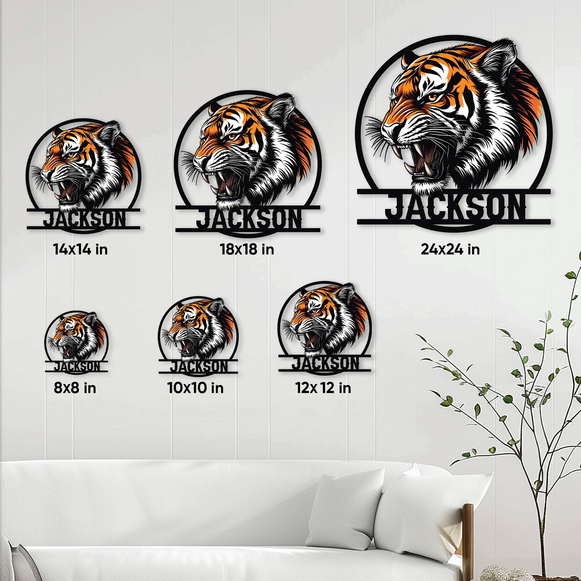 Tiger metal sign size guide showing multiple square size options for wall display