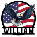 Patriotic eagle metal sign featuring a bald eagle flying over a waving American flag