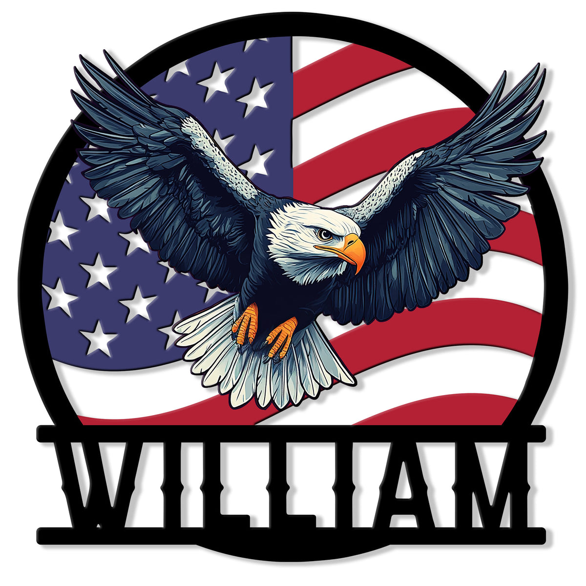 Patriotic eagle metal sign featuring a bald eagle flying over a waving American flag