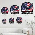 Eagle metal sign size guide showing multiple square size options in a living room setting