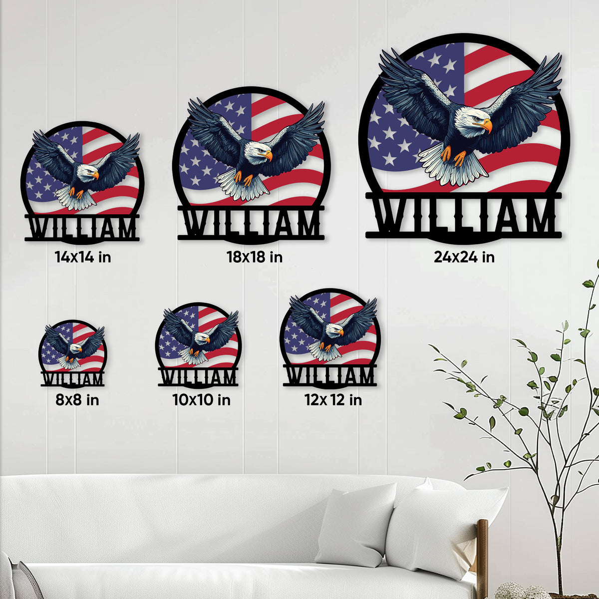 Eagle metal sign size guide showing multiple square size options in a living room setting