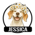 Custom beagle metal sign featuring a joyful dog portrait crowned with white daisies