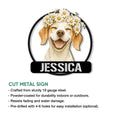 Beagle metal sign shown with a floral dog portrait and cut metal sign feature details