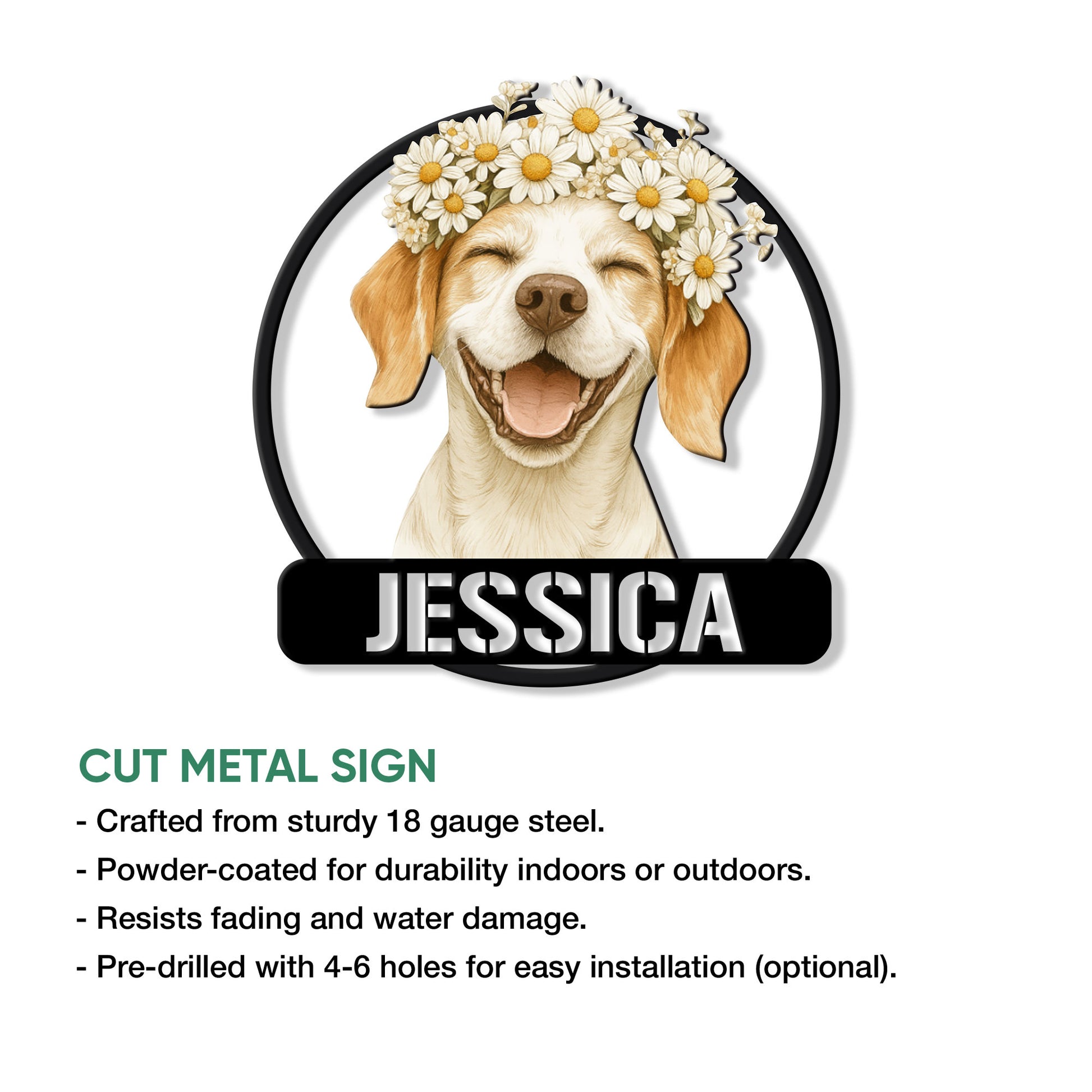Beagle metal sign shown with a floral dog portrait and cut metal sign feature details