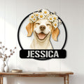 Beagle wall sign displayed in a bright home entryway with a cheerful daisy-crowned dog portrait