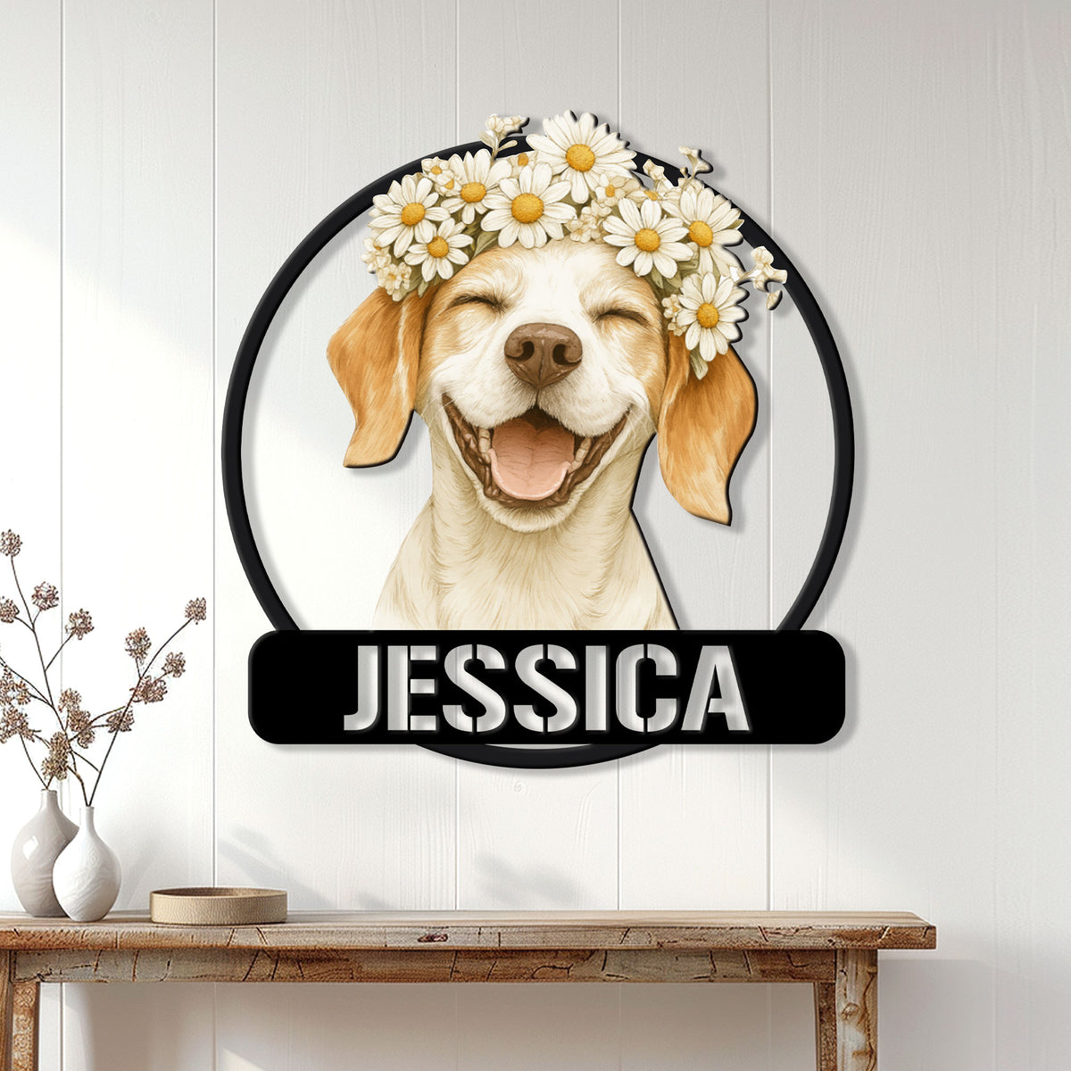 Beagle wall sign displayed in a bright home entryway with a cheerful daisy-crowned dog portrait