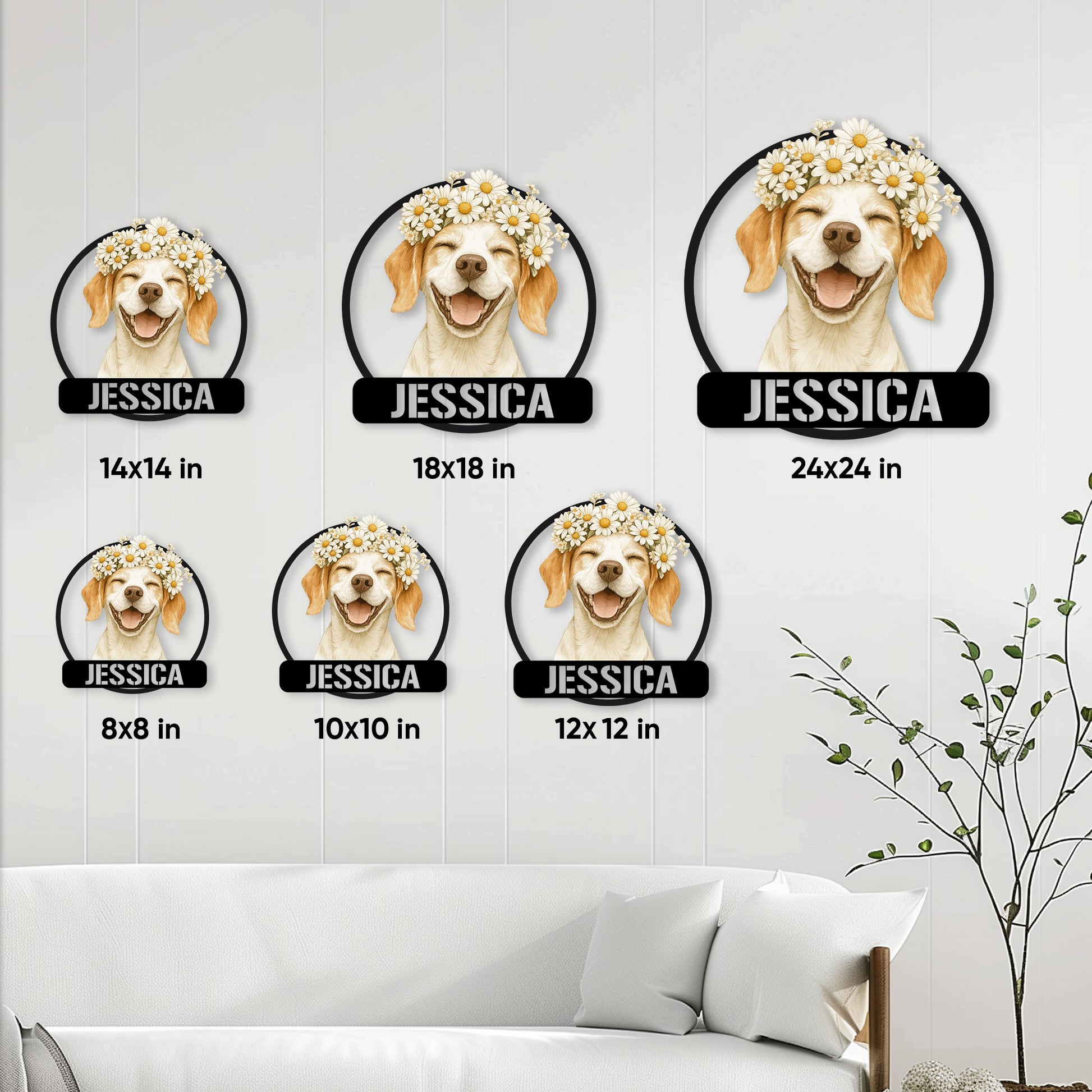 Beagle metal sign size guide showing available square sizes from 8 by 8 to 24 by 24 inches