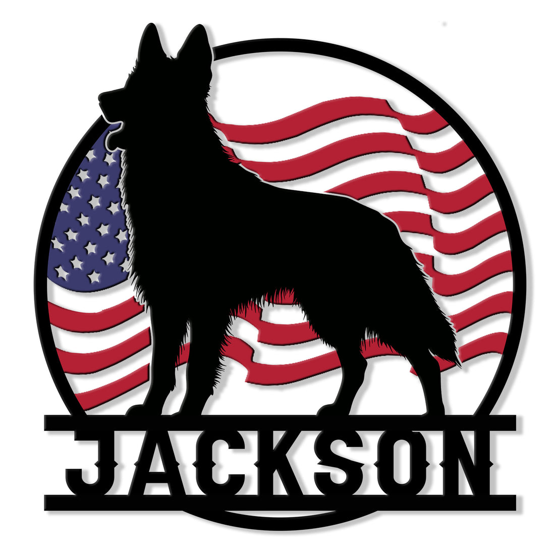 Patriotic German Shepherd silhouette metal sign with a waving American flag inside a circular design